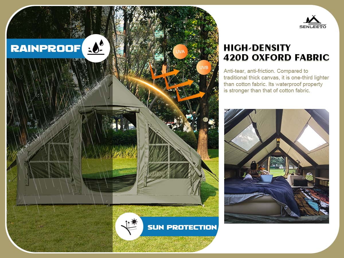 Inflatable Camping Tents 8-10 Person,129 Square Feets Large Inflatable Camping Tent with Stove Jack,Blow up Tent with Mesh Windows & Pump