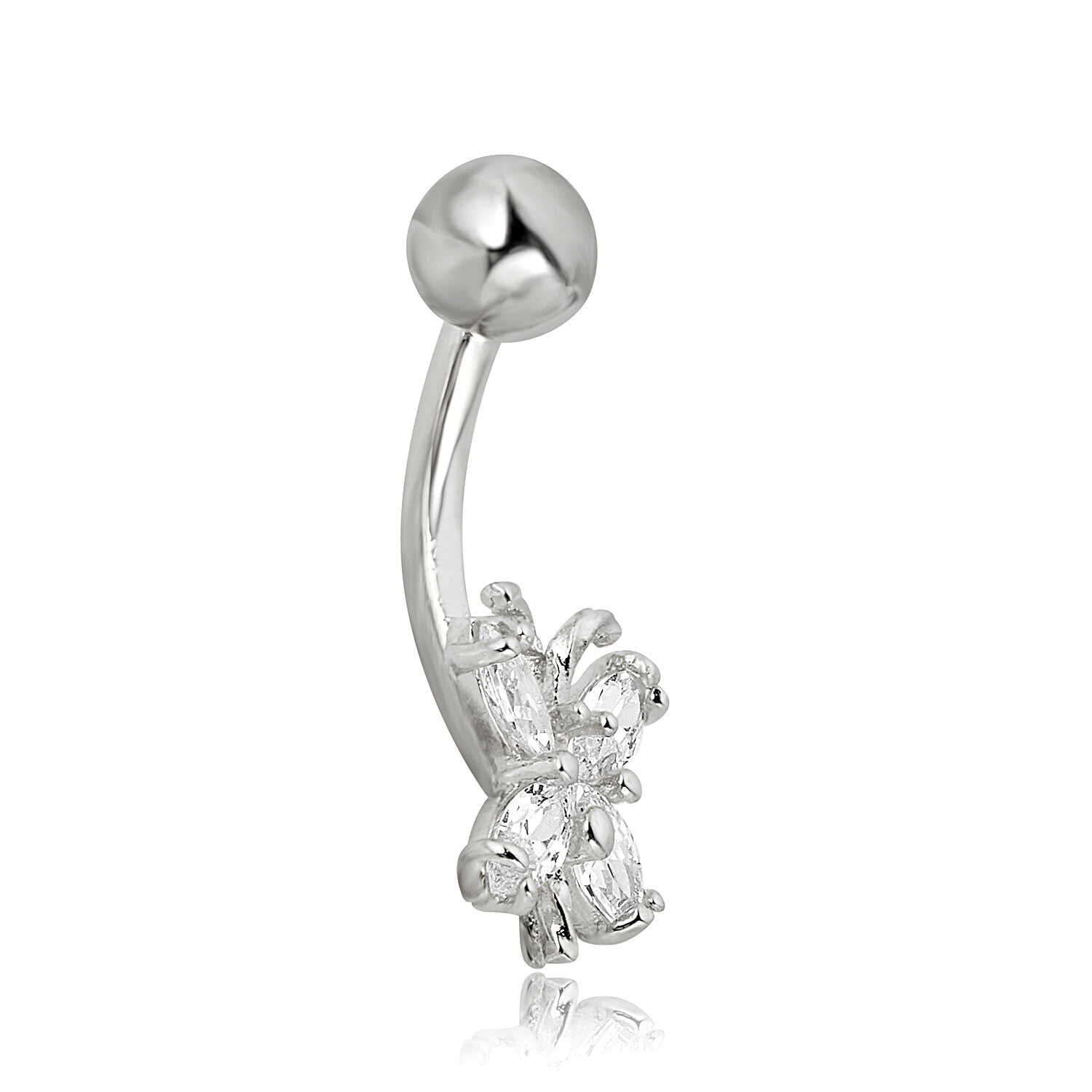 AVORA 10K White Gold Simulated Diamond CZ  Butterfly Belly Button Ring Body Jewelry (14 Gauge)
