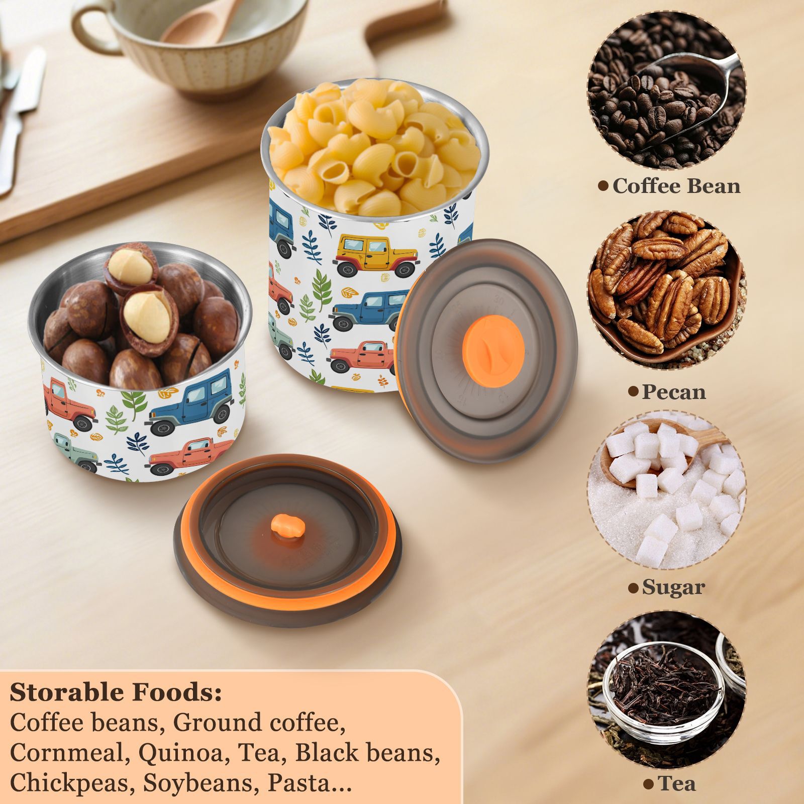 Colorful Truck Leaves Airtight Coffee Bean Canister 30oz Food Storage Containers with Lids For Gournd, Tea, Sugar, Flour, Rice, Cereal, Candy Cookie Jar
