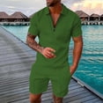thumbnail image 3 of LEKDFST Mens 2 Piece Zip Tracksuit Polo Shirt and Shorts Sets Short Sleeve Casual Summer Outfits Set Army Green L, 3 of 5