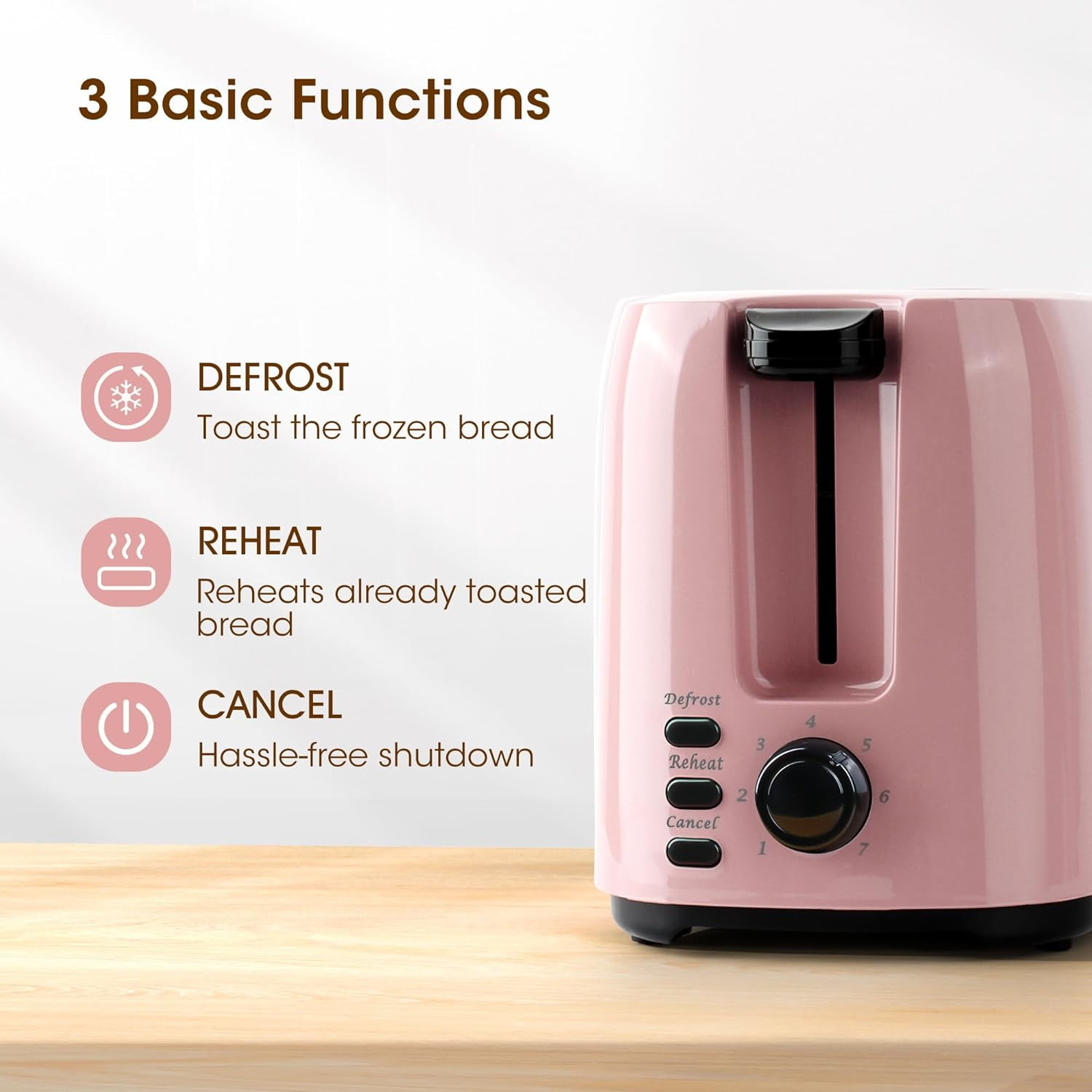 2 Slice Toaster, 1.3 Inches Wide Slot Bagel Toaster with 7 Shade Settings and Double Side Baking, Removable Crumb Tray, Defrost Cancel Function Pink