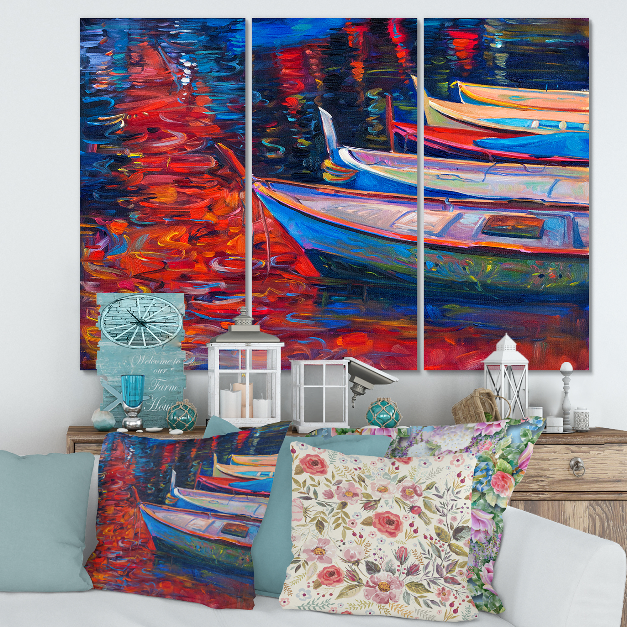 Designart ' Boats During Warm Sunset Resting On The Water IX ' Nautical & Coastal Canvas Wall Art Print