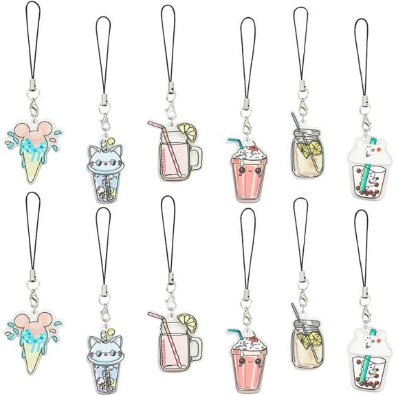 6 Pcs 6 Styles Drink Phone Charms Acrylic String Cute Cat Phone Charms Strap Cartoon Phone Case Accessories for Cell Phone Decoration for DIY