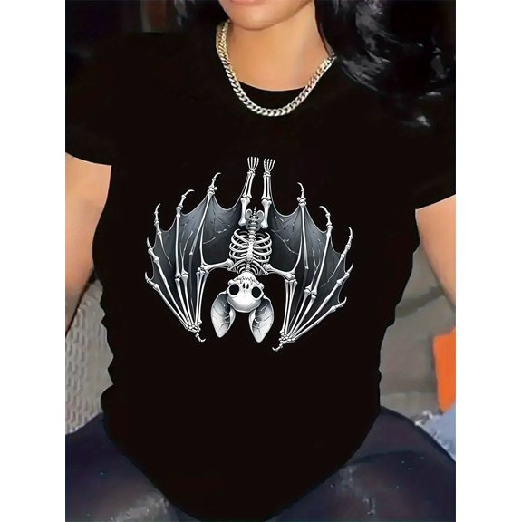 Women'S Gothic Skeleton Bat Graphic Tee - Stylish Short Sleeve T-Shirt with Skull & Bat Design, Black, Spring & Summer, Mature Style, Medium Stretch, Allseason Tshirt | Gothic Style Tee