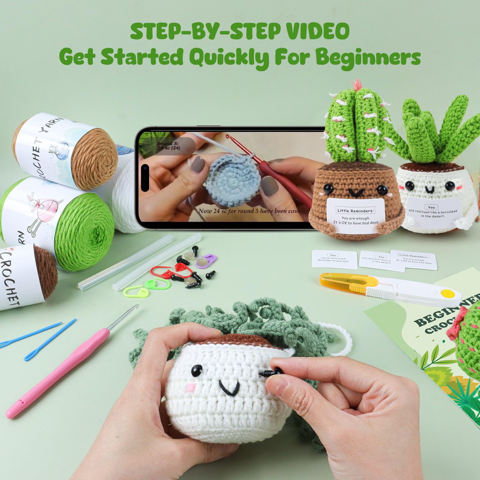 Crochet Kit for Beginners, Crochet Starter Kits for Adults Amigurumi Craft KnittCrochet Kits with Step-by-Step Video Tutorials, 6 Pack Hanging Potted Plants Family(40%+ Yarn
