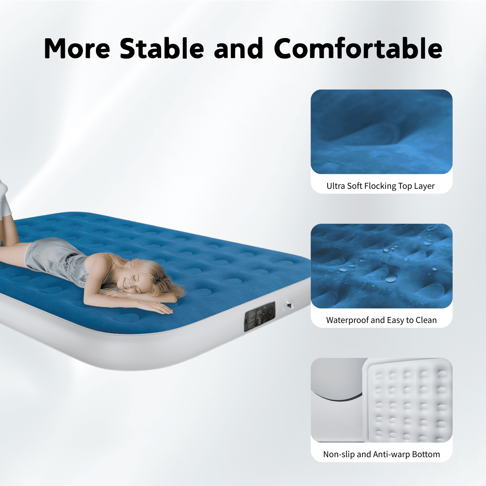 Queen 10" Top Flocking Air Mattress with Built-in Pump Raised Comfort,Fast Inflation/Deflation Foldable Portable Air Bed with Storage Bag for Home,Camping,Guests Blue