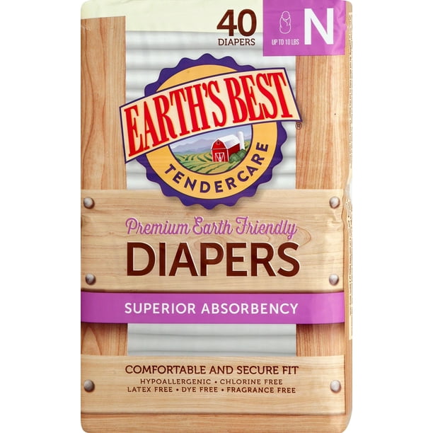 Earth's Best TenderCare Chlorine-Free Disposable Baby Diapers, Size N (0-10  lbs), 40 Count