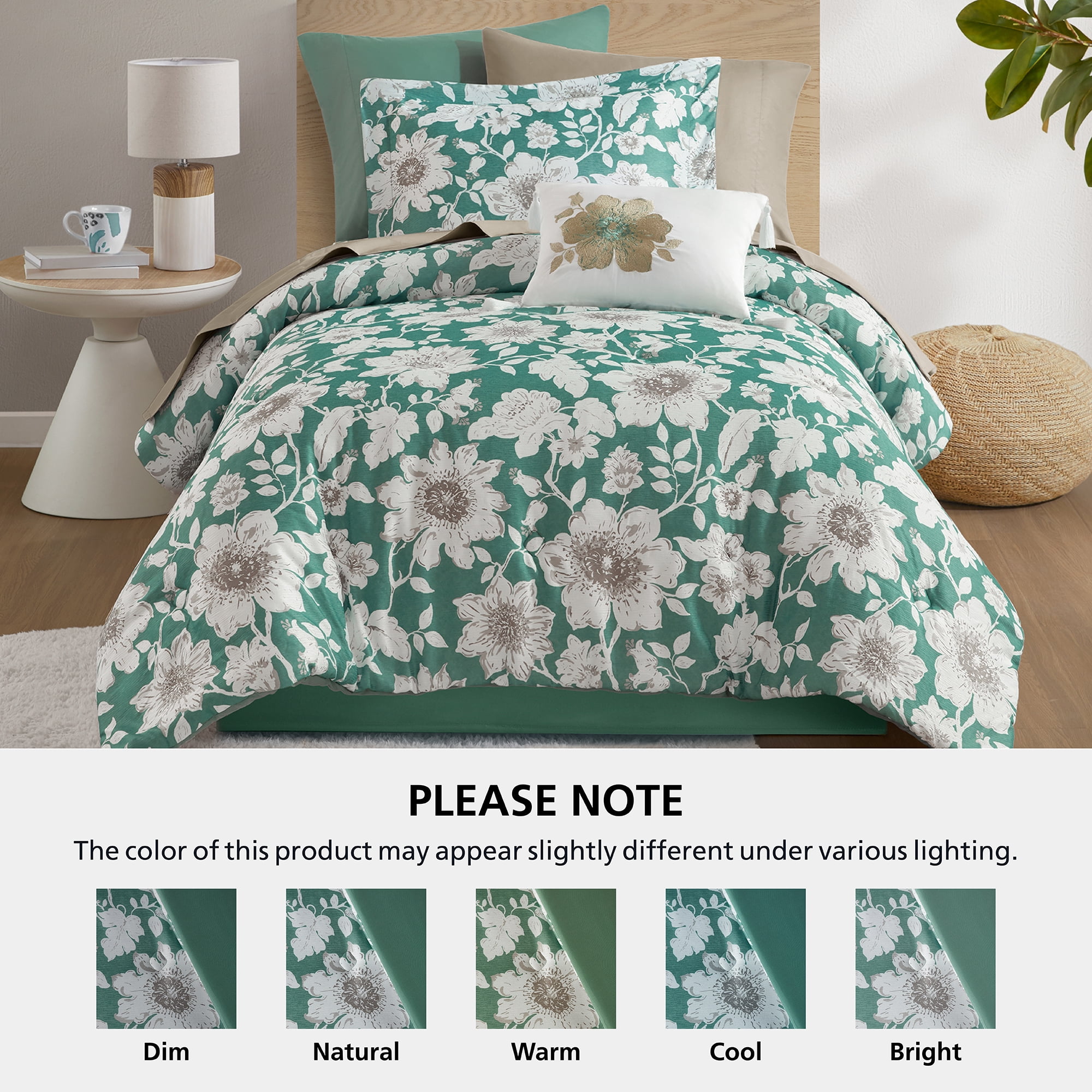 Mainstays All in One Reversible Comforter and Sheet set- 8 Piece, Twin, Green Floral