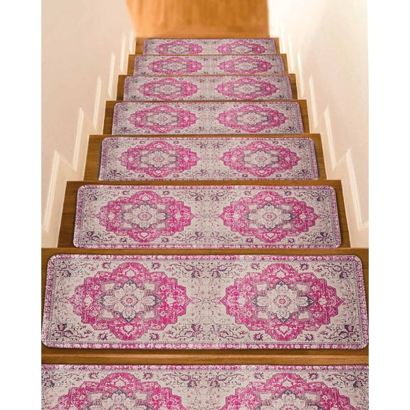 Pink Flower, Stair Treads for Wooden Steps Indoor Runner Rug Carpet, Abstract Contemporary Boho Geometric Tribal 10 Pieces Peel and Stick Staircase Step Treads Covers Washable Throw Door Mats, 30"x8"