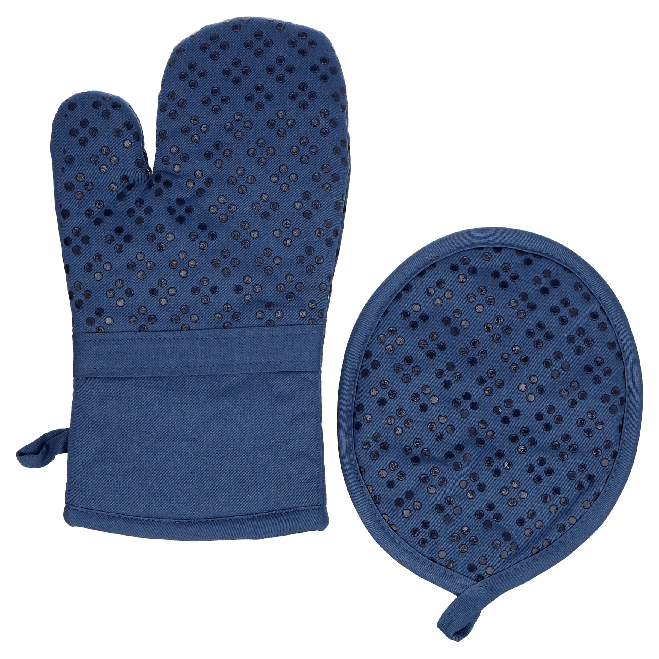 Sticky Toffee Silicone Printed Oven Mitt & Pot Holder, Cotton Kitchen Towel & Dishcloth, Dark Blue, 5 Piece Set