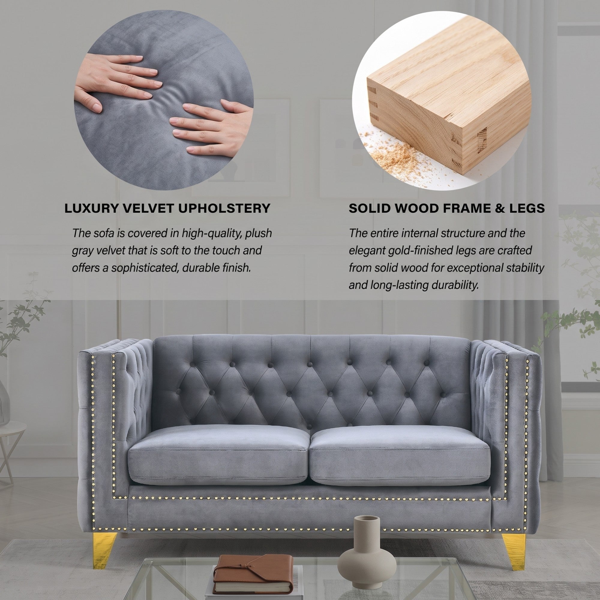 Sailvan 82" Velvet Chesterfield Sofa, Tufted Button Couch with Gold Metal Legs & Nailhead Trim, Modern 2-Seater with Unique Charm Loop Gray