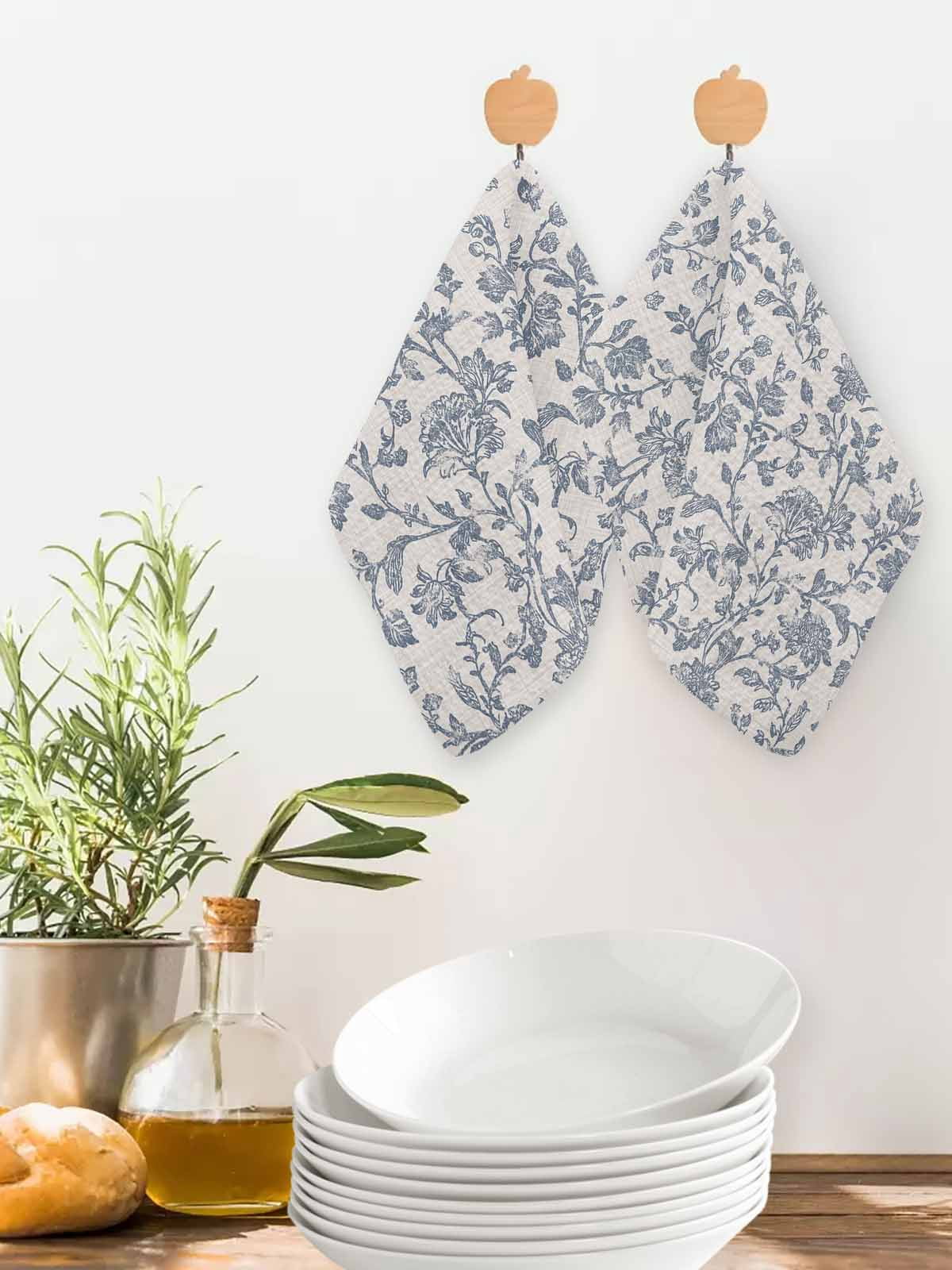 Blue Floral Dish Towels Set, Waffle Weave Kitchen Towels 2 Pieces, Farmhouse Vintage Flower Leaf Botanical Microfiber Hair Face Bath Tea Towel Absorbent Quick Drying Cleaning Dish Cloths 12"x12"