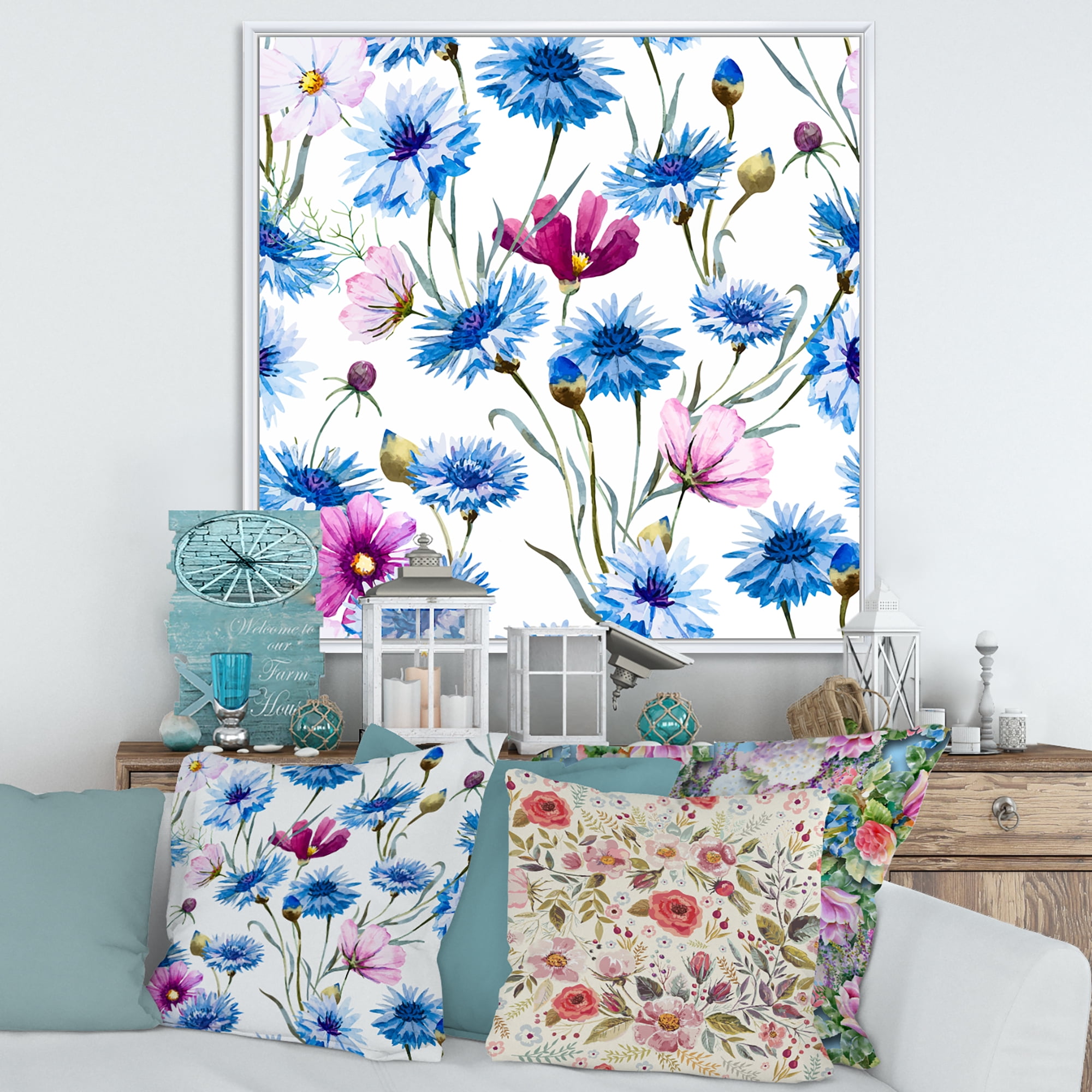 Designart 'Pink and Blue Wild Cornflowers' Traditional Framed Canvas Wall Art Print