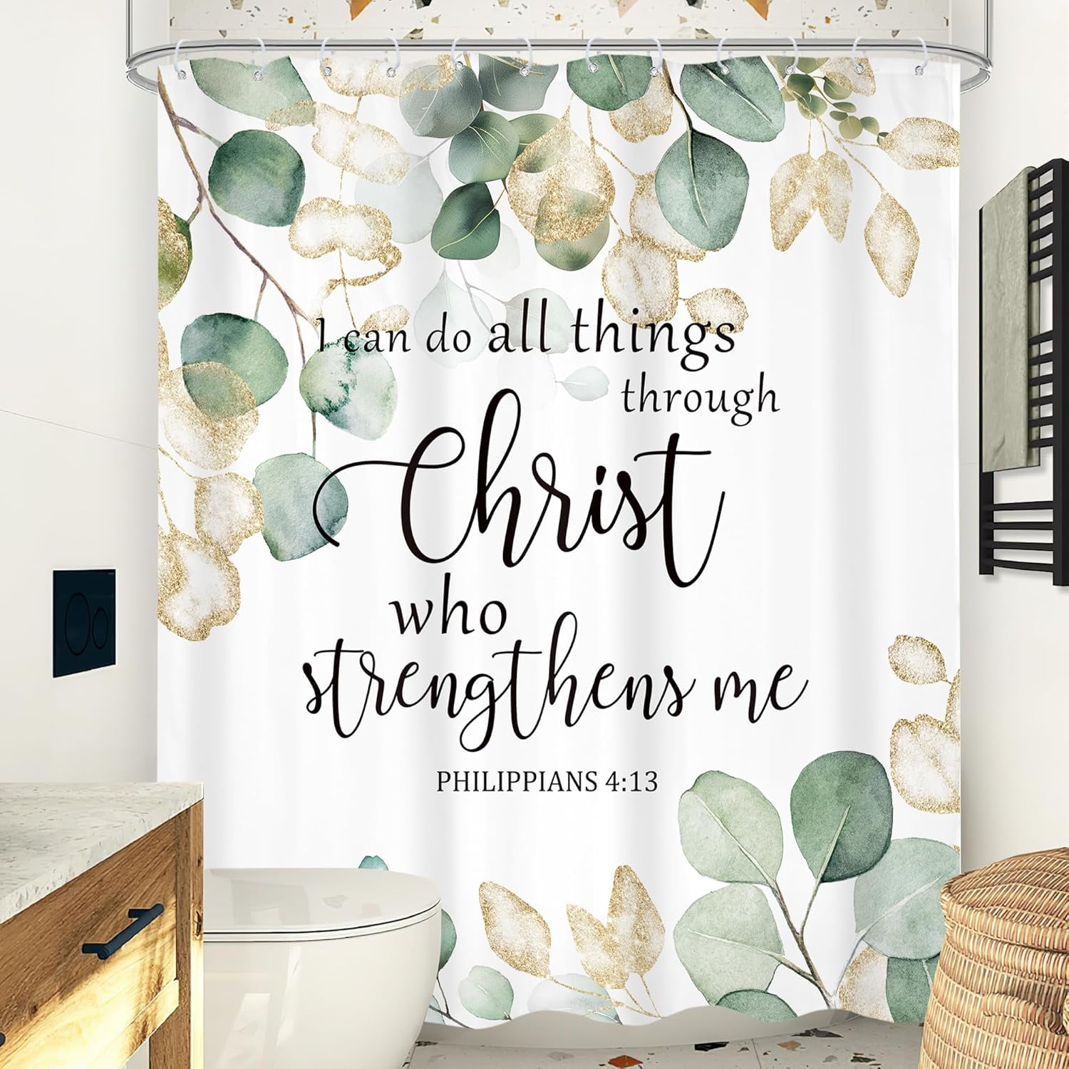 Eucalyptus Bible Verse Shower Curtain Green Leaves Gold Watercolor Plant Christian Quotes Botanical Leaf Scripture with 12 Plastic Hooks Fabric Waterproof Toilet Accessories Decor