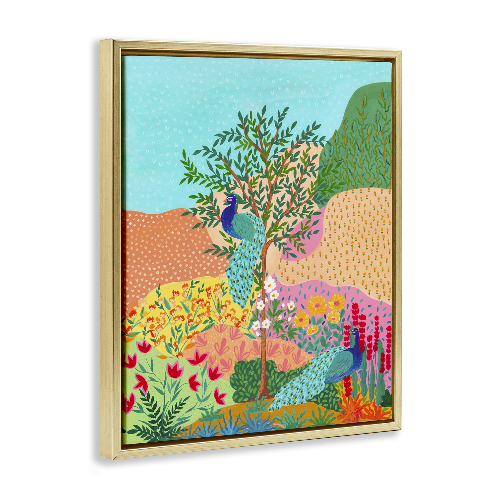 Stupell Industries Peacocks in Dotted Meadow Gold Framed Floater Canvas Wall Art, design by Nabeela Rumi