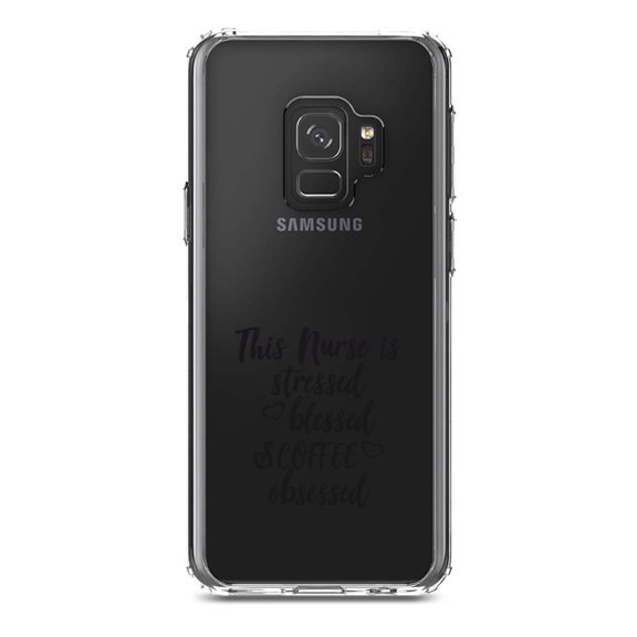 DistinctInk Clear Shockproof Hybrid Case for Samsung Galaxy S9 (5.8" Screen) - TPU Bumper Acrylic Back Tempered Glass Screen Protector - This Nurse Is Stressed Blessed & Coffee Obsessed