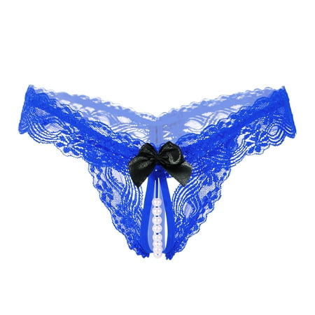HYSYSB Crotchless Underwear for Women thongs for Women plus Size G String thong Panties for Women thong Underwear Briefs -up Pearl High Lace File Transparent  micro Thongs for Women Blue One Size