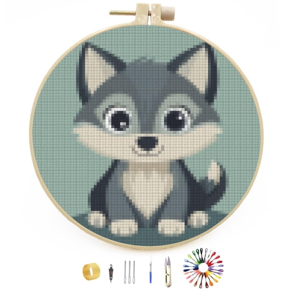 Cute Baby Grey Wolf Stamped Cross Stitch Kits for Beginners with Hoop Simple Patterns 11CT Counted Embroidery Needlepoint Crafts Arts for DIY Enthusiasts and Home Decor 26x26cm(2)