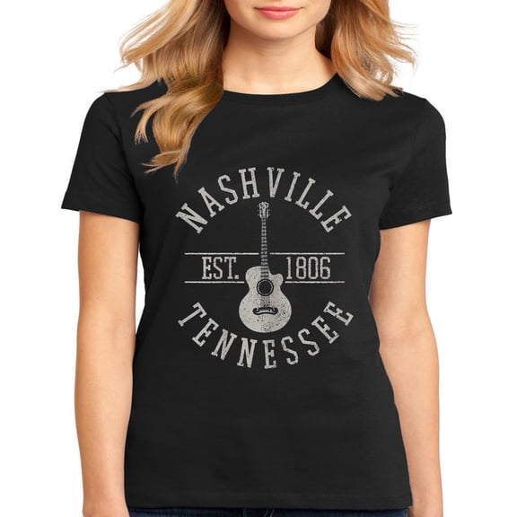 Tshirt for Women Country Music City Nashville TN Guitar Player Gift Casual Short Sleeve Tops Black 2X-Large