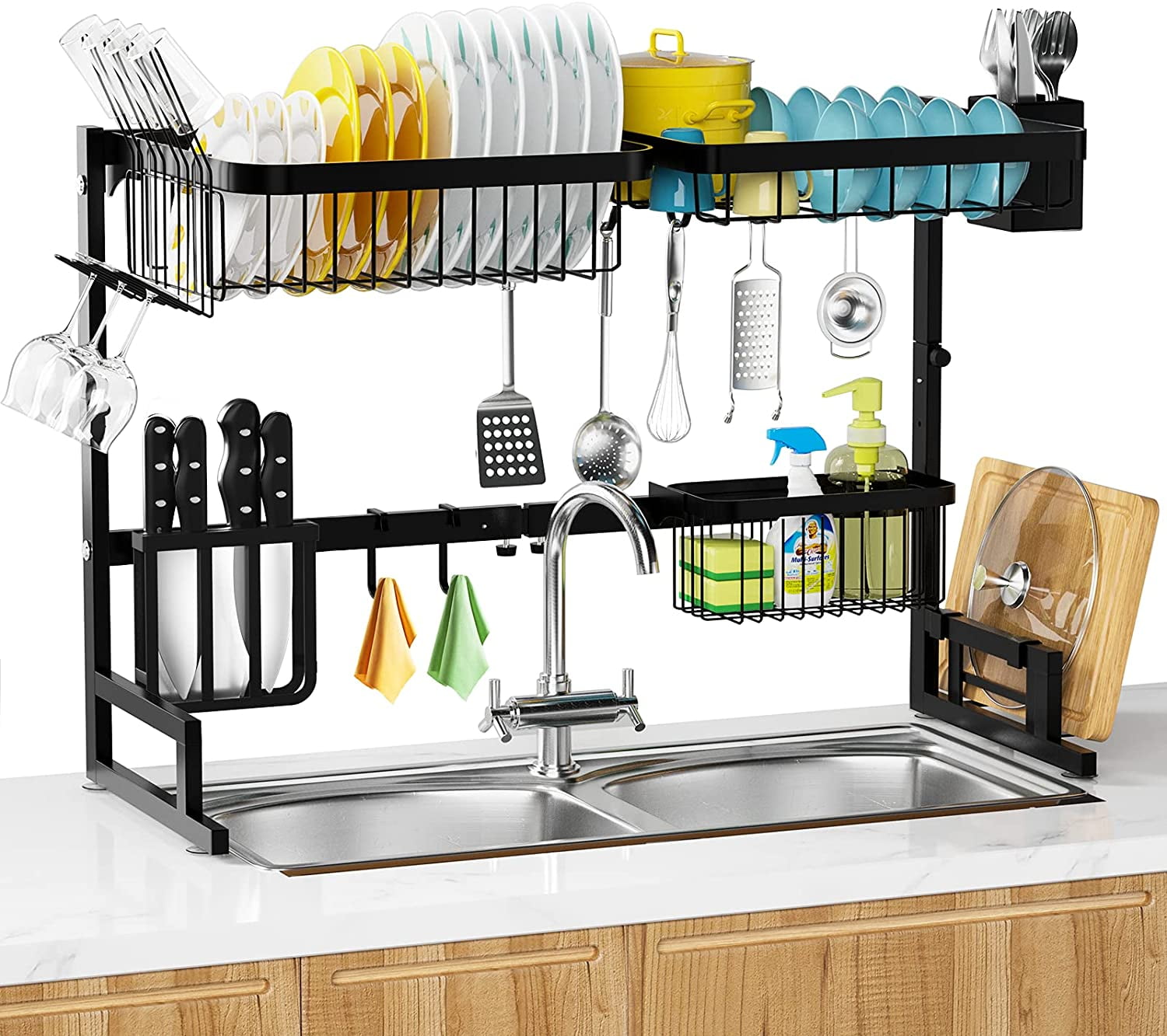 BENOSS Dish Drying Rack Kitchen Storage Shelf over Sink Stainless Steel Sink Dish Rack Supplies Organizer Matte Black ( L 22.59-33.46in)