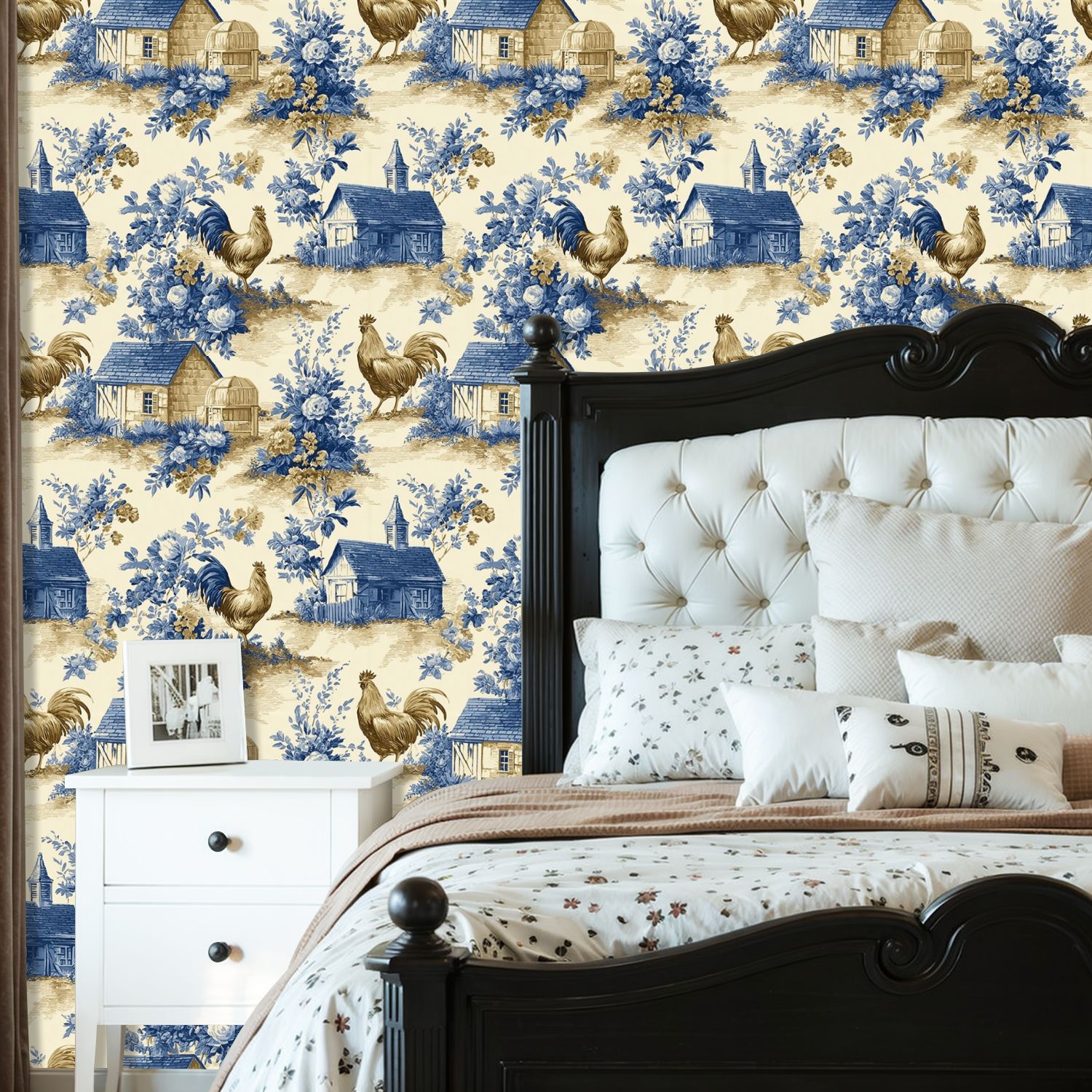 Peel and Stick Wallpaper 23.6in x 9.8ft Farmhouse Toile Roosters Cottages Blue Floral Motifs Contact Paper Vinyl Self-Adhesive Removable Wall Paper for Bedroom Kitchen Cabinet Renter Friendly