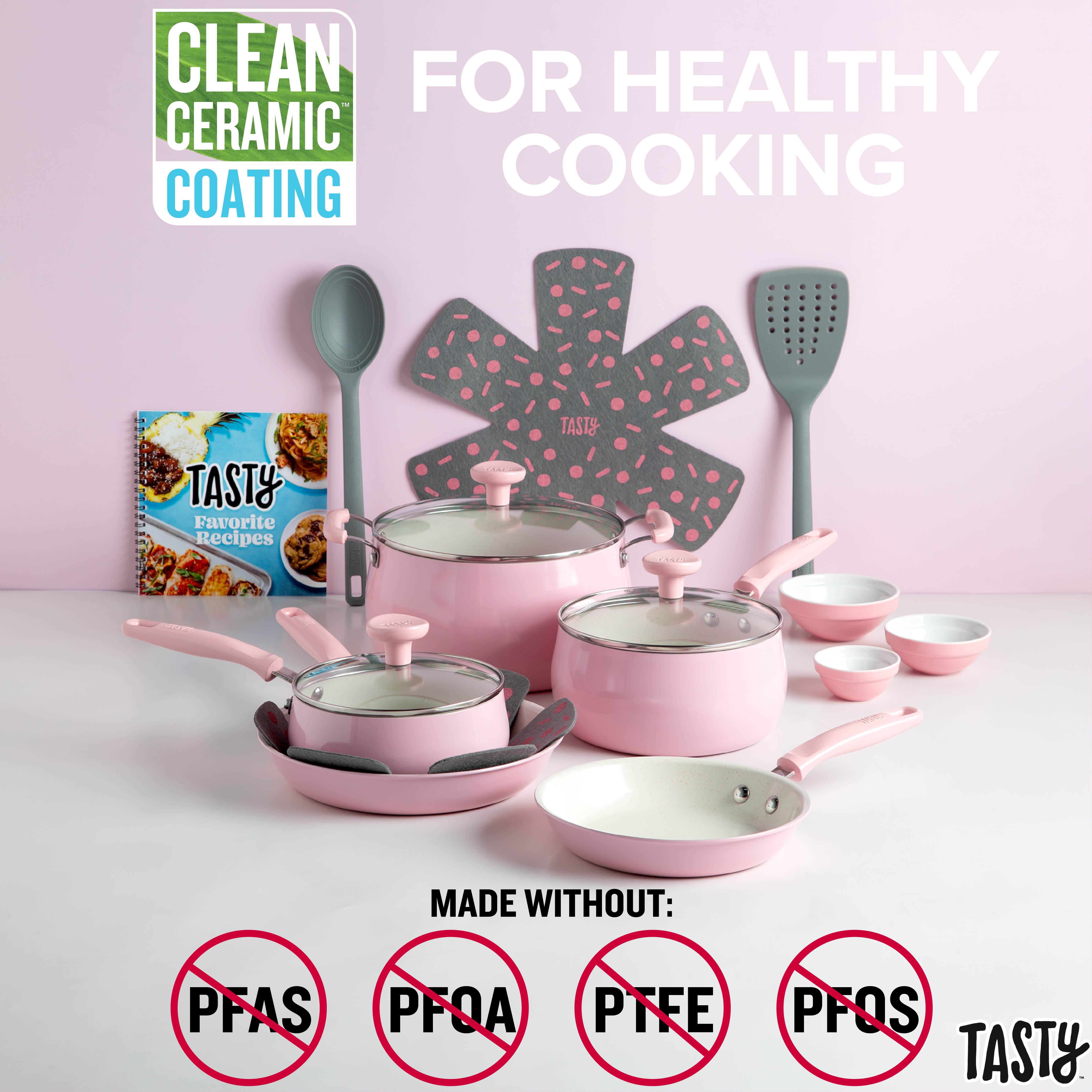 Tasty Clean Ceramic 16-Piece Non-Stick Cookware Set, Pink photo 4