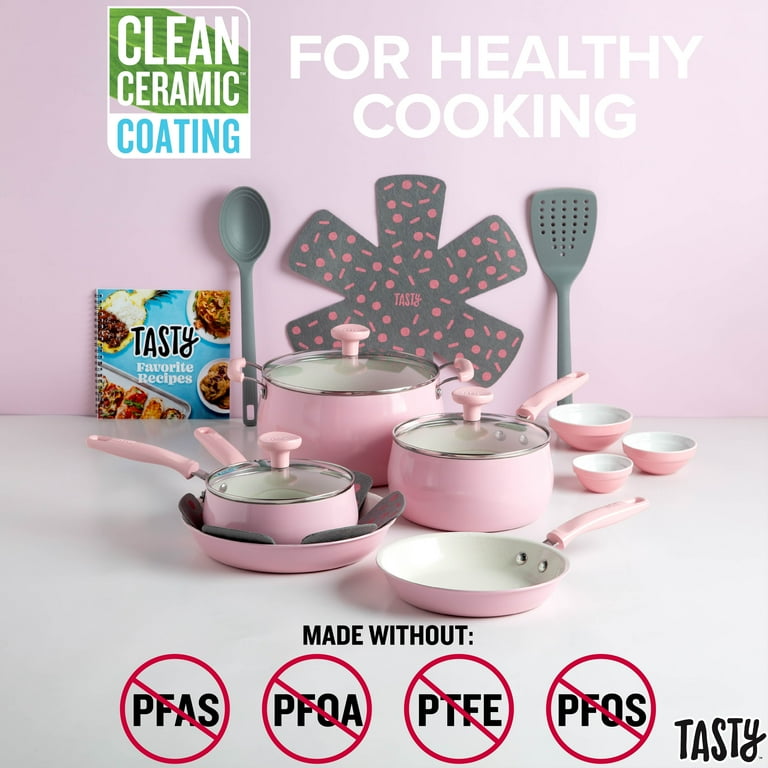 Tasty, Ceramic Cookware Set, 16 Piece, Pink with Non-Stick