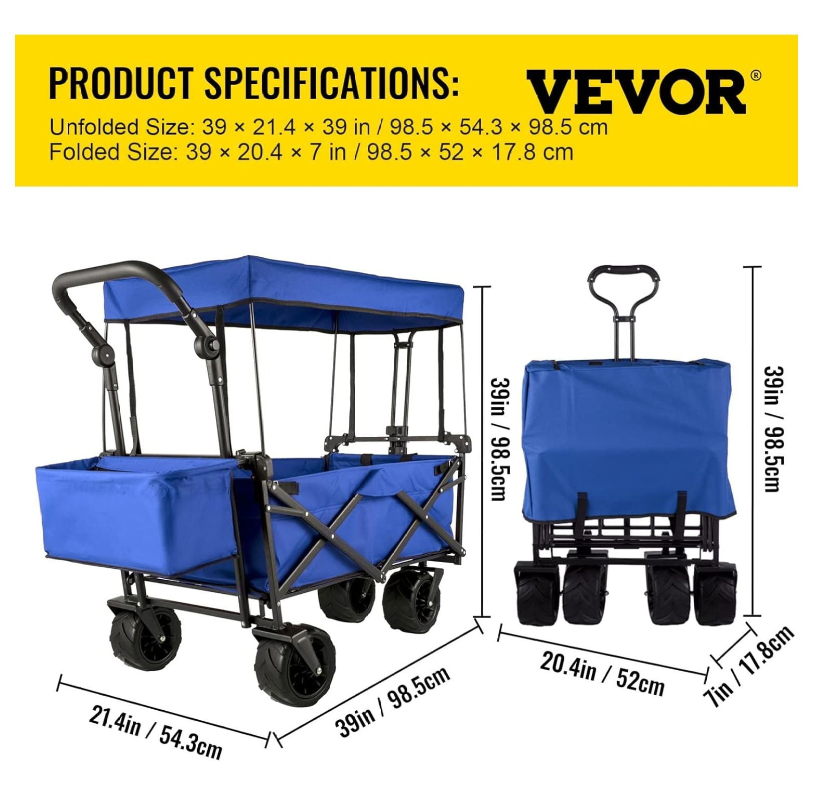 Collapsible Wagon with Canopy, 220lbs Foldable Wagon, Beach Wagon Cart with Big Wheels and Canopy with Adjustable Push Pulling Handles