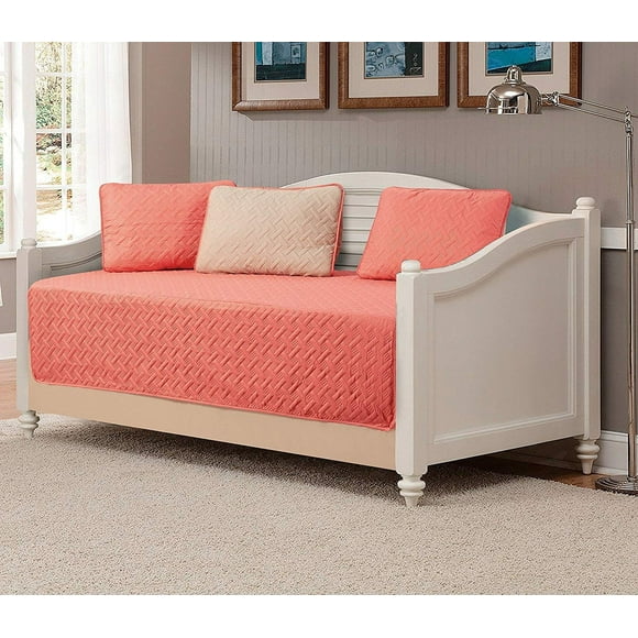 Collection 5 Pcs Lit de Jour Ensemble Couvre-Lit Matelassé Gaufré Corail/kaki Neuf