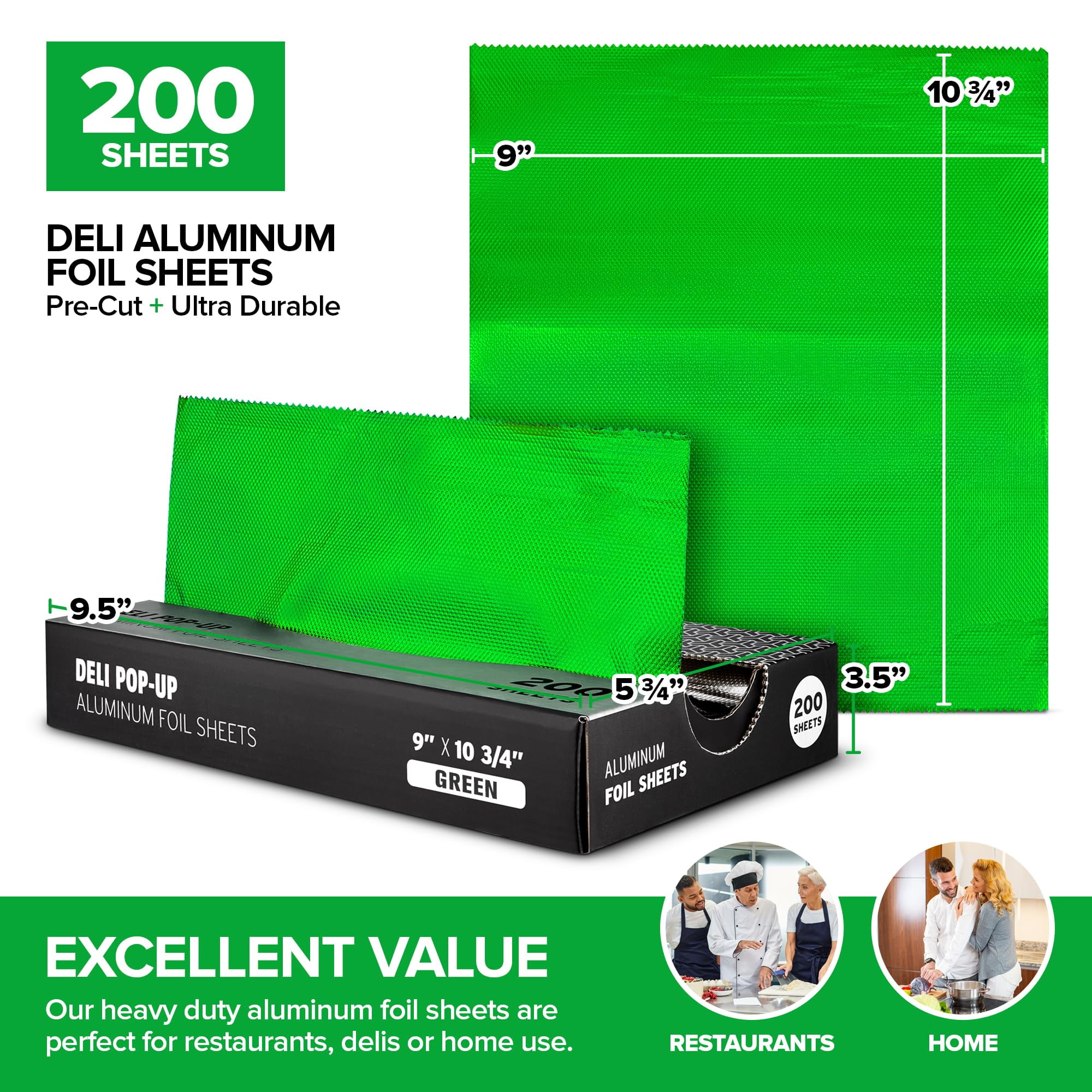 200 Count 9 Inch Green Pre Cut Aluminum Pop Up Sheets for Restaurant Disposable Food Wrap for Burrito Hot Dog or Sandwich Stock Your Home