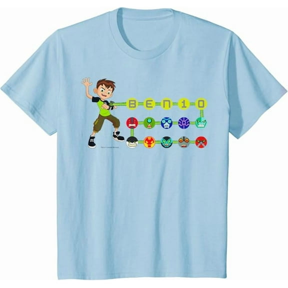 CN Ben 10 Omnitrix Alien Icons Youth T-Shirt For Boys Girls Kids Toddler, Light Blue Color, Size XS