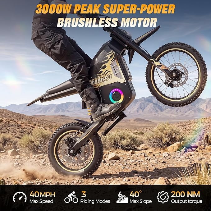 Electric Dirt Bike for Adults & Teens, 3550W, 41MPH, Up to 60 Miles Range, 48V/22AH Removable Battery, Hydraulic Brakes, 14"/12" Fat Tire Off-Road E-Dirt Bike for Age 13+, Gold