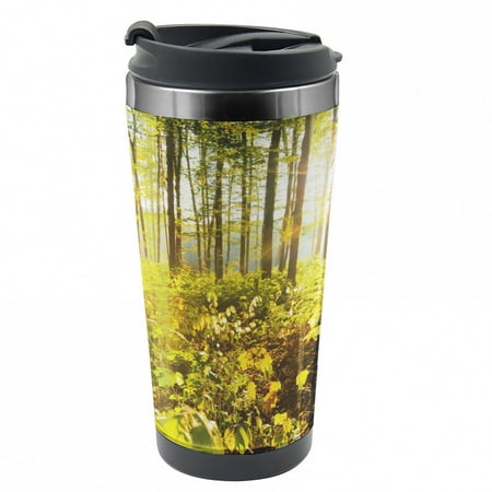 

Forest Travel Mug Sun Rays Woods Foliage Steel Thermal Cup 16 oz by Ambesonne