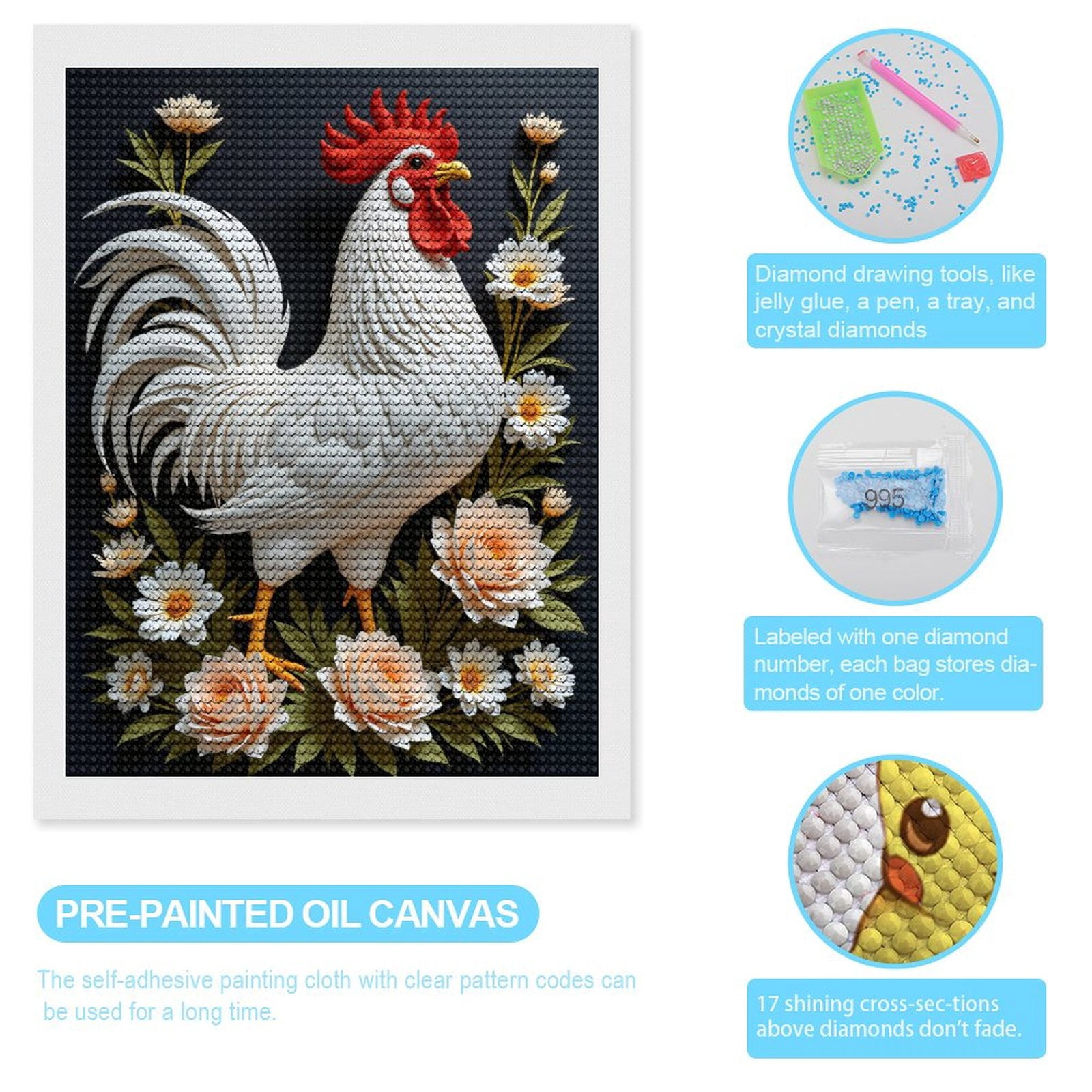 Diamond Art Kits for Adults, Rooster Floral Art Paper Sculpture 5D Diamond Painting Kits for Adults Beginners, DIY Full Drill Diamond Painting, Gem Art and Crafts 12x16