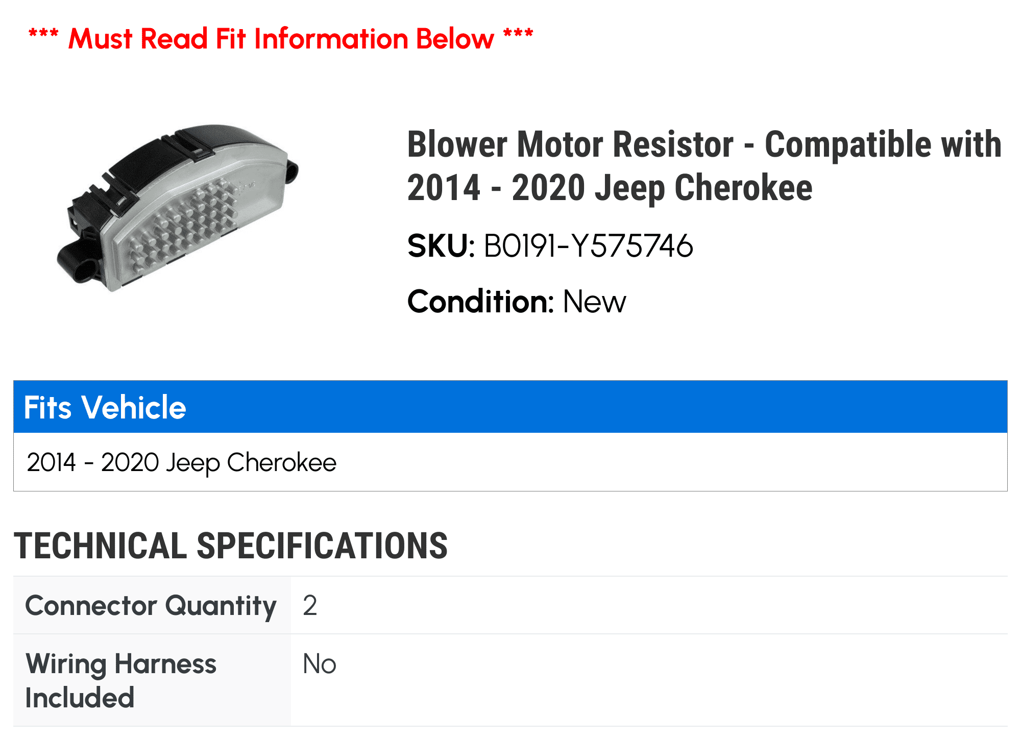 Blower Motor Resistor - Compatible with 2014 - 2020 Jeep Cherokee 2015 2016 2017 2018 2019
