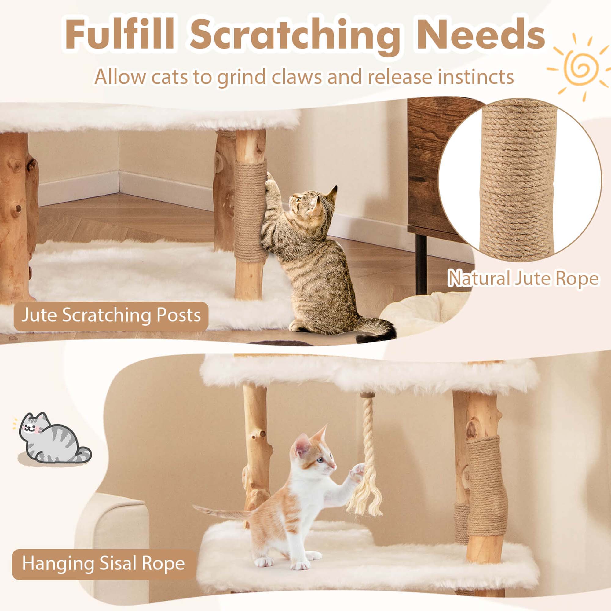 Costway 60" Tall Solid Wood Cat Tree with 2 Perches Condo Jute Scratching Posts Sisal Rope