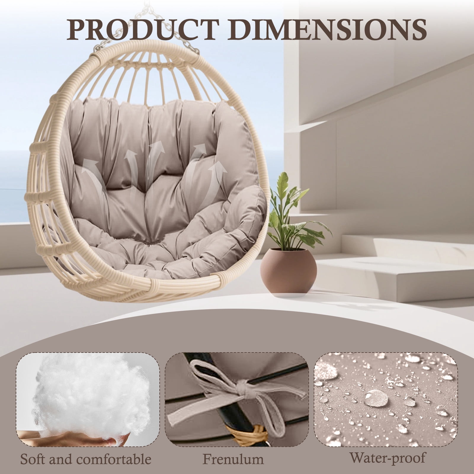 Egg Chair Cushion Replacement Waterproof – Outdoor Rocking Chair Cushions 6.3" Thick UV Resistant with 6 Straps for Patio, Balcony, Garden, Khaki