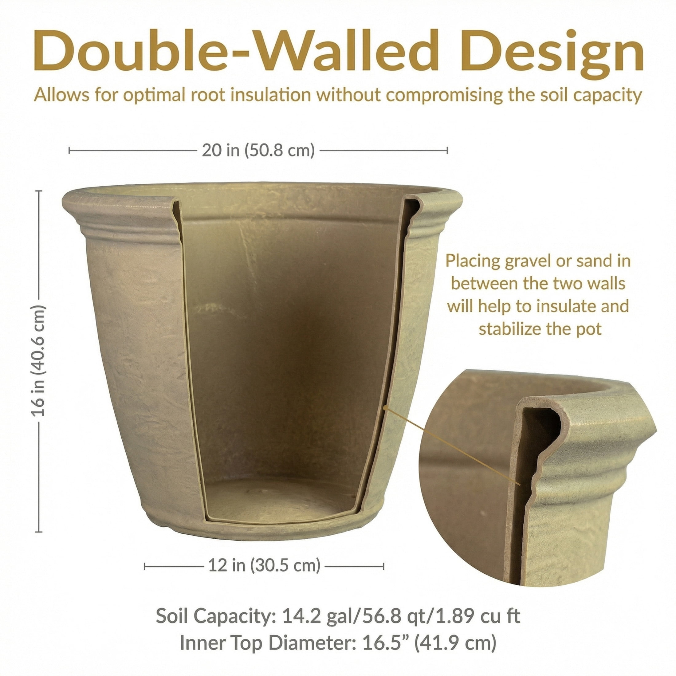 Sunnydaze Anjelica 20" x 20" x 16" Round Beige Polyresin Outdoor Planter Pot