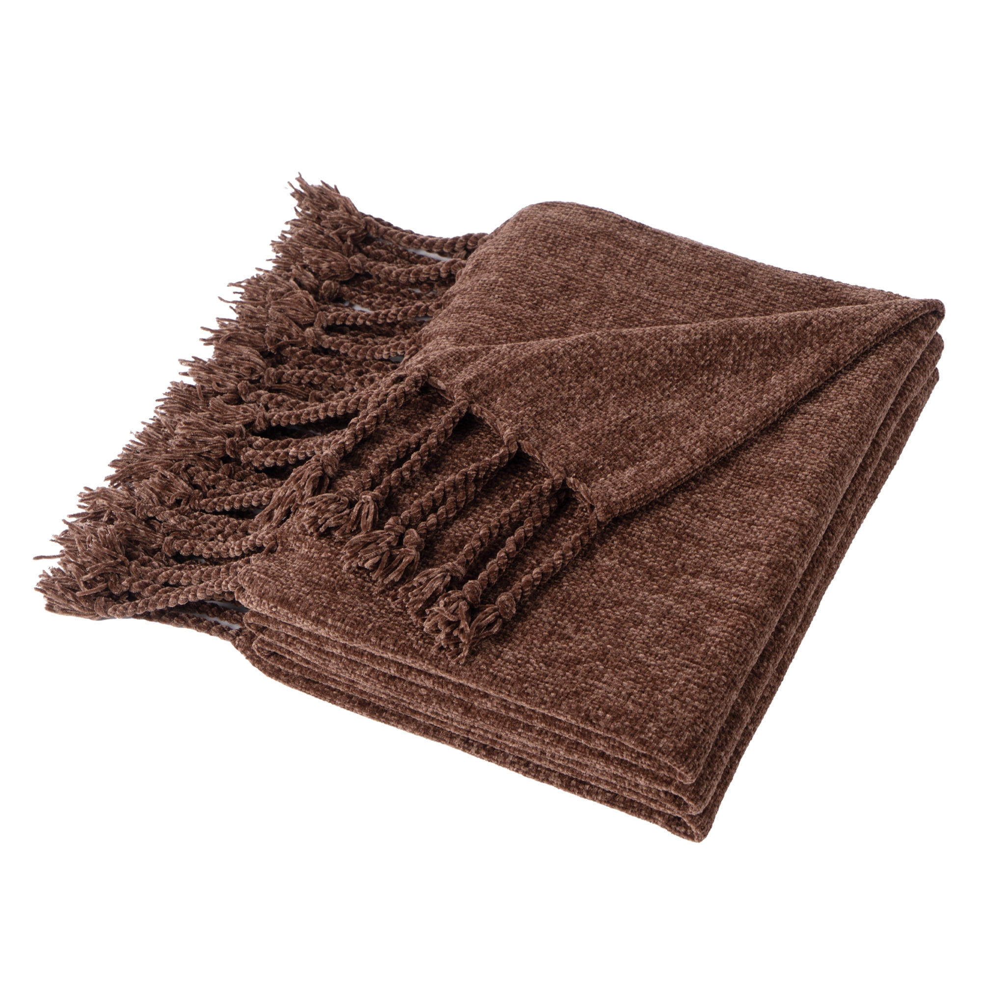Battilo Dark Brown Chenille Throw Blanket,Chocolate Brown Knit Throws with Tassels,50"x60"