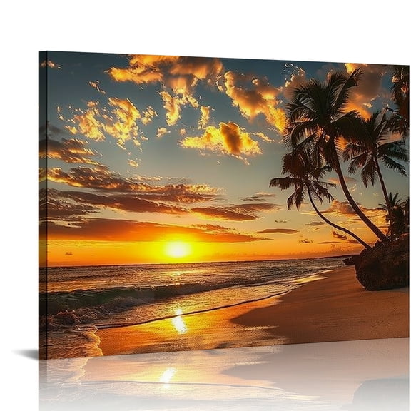 Autua Sunset Palm Trees Beach Wall Decor Canvas Art Print for Living Room Bedroom Home Office, High Resolution Handmade Artwork 20x16in