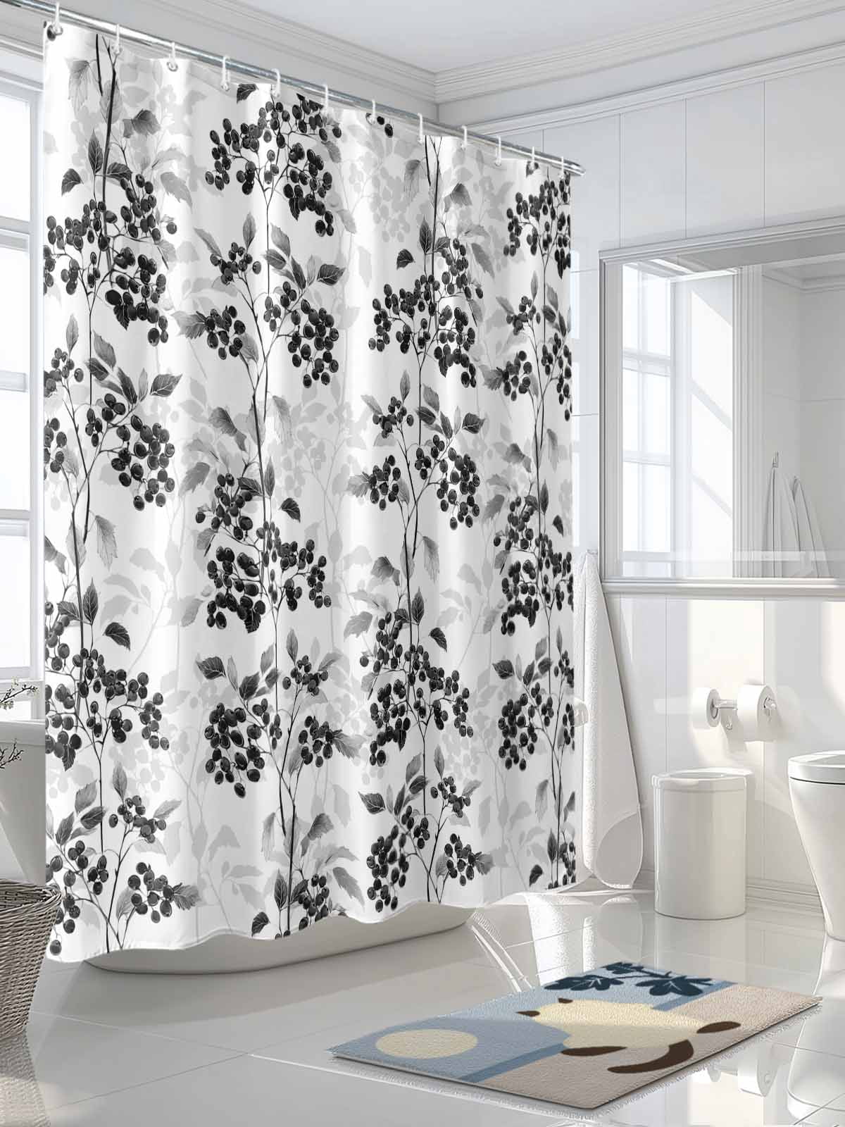 Boanket Polyester Fabric Black Gray Botanical Shower Curtain, Vintage Nature Flower Waterproof Bathtub Curtain Bathroom Decor Set with Hooks 36 x 78 Inches,