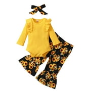 AvoDovA Toddler Baby Girl Floral Outfits Fall Ribbed Long Sleeve Tops Flared Pants Clothes Set 3Pcs