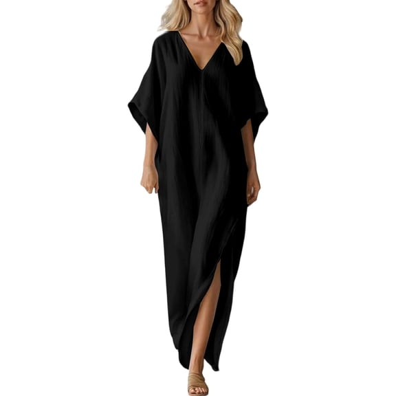 Rggeeun Womens Dress Solid Color Elegant Side Slit & Pleated Design 3/4 Sleeve V-Neck Knit Soft Breathable Fabric Loose Fit Ankle-Length For Summer Work Office Classic Playwear,Black,L