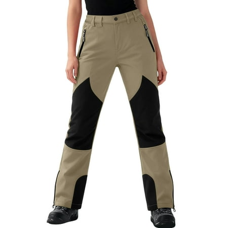 FAVIPT Women s Fleece Lined Ski Pants Waterproof Color Block Warm Trousers Snowboard Hiking Sport Pants with Pocket Brown XXXL
