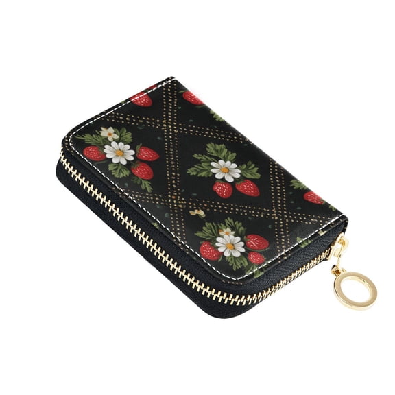 Strawberries Daisies on Black Plaids Women's Credit Card Holder PU Leather Zipper Wallet RFID Blocking