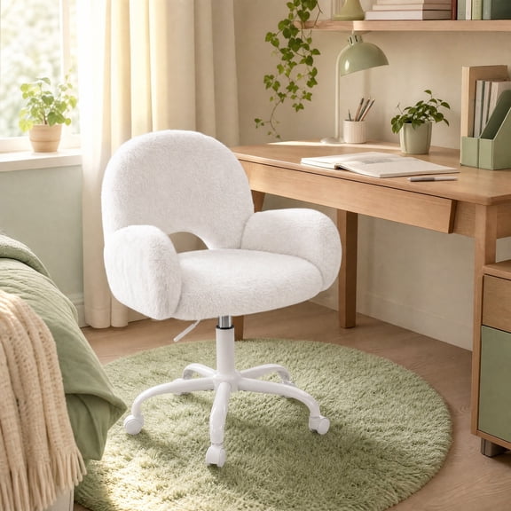 melmine Vanity Chair with Round Hollow Back & Arms Height Adjustable Desk Chair Swivel Cute Makeup Stool, White