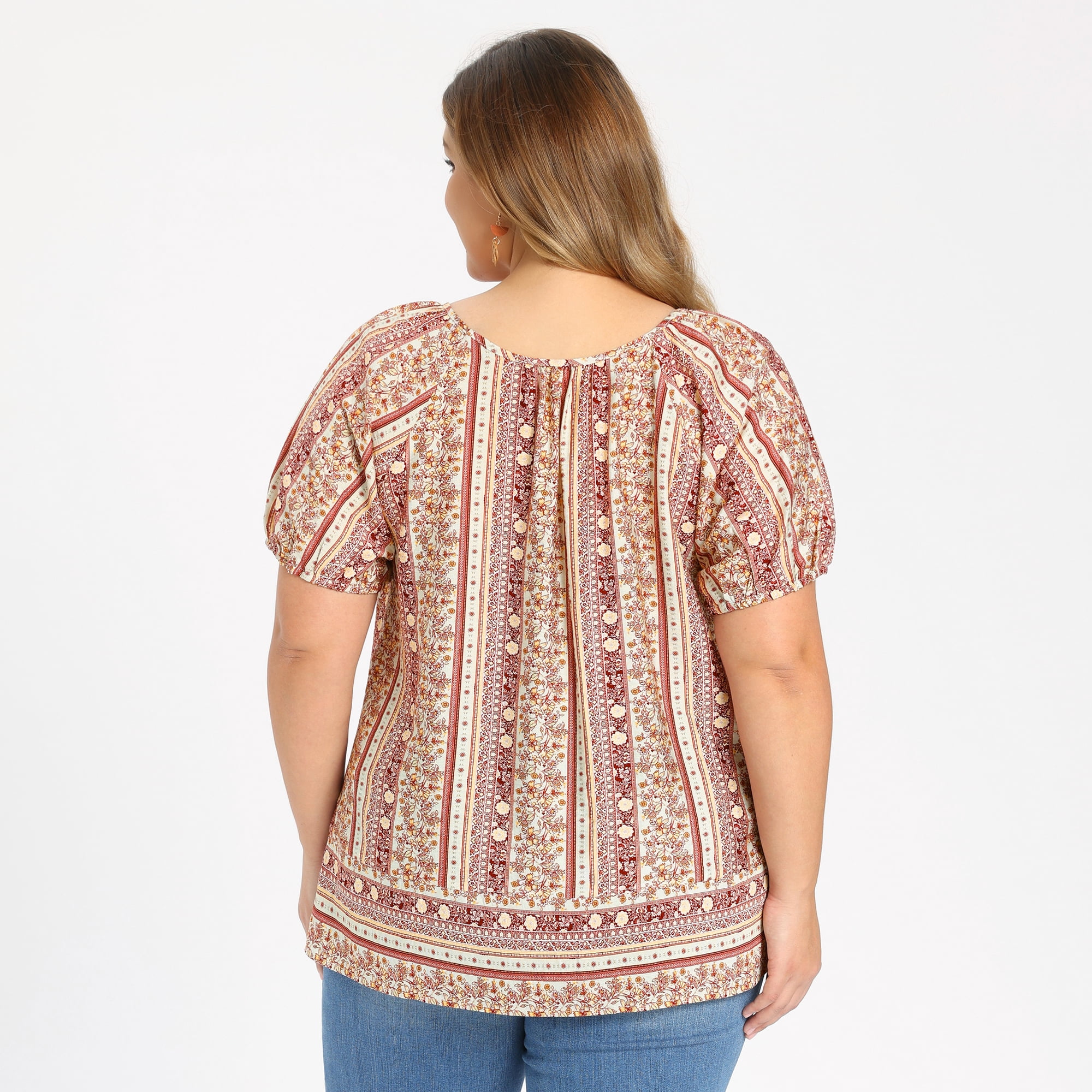 DARING DIVA Women's Plus Boho Floral Round Neck Puff Sleeve Blouse 3X Dark Red