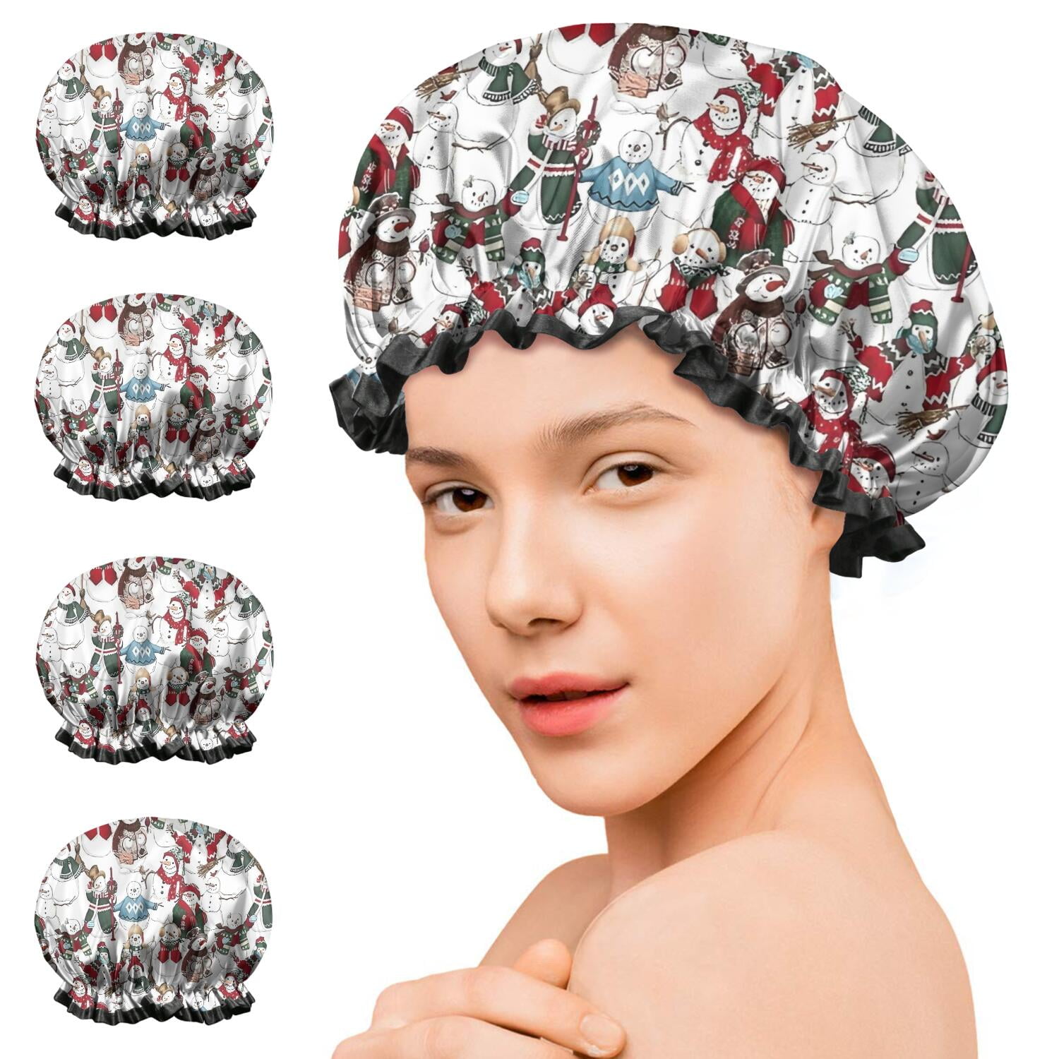 Shower Caps,White Christmas Snowman Pattern Waterproof Shower Cap for Women 4 Pieces,Double Reusable Hair Cover for Shower PEVA Elastic Stretch Hem