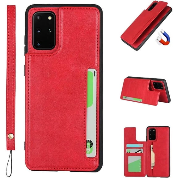 Galaxy S20 Plus Luxury PU Leather Case,Credit Card Holder,Cash Slots,Stand Function Soft TPU Back Wallet Case Flip Wrist Strap Multi-Function Durable Case for Samsung Galaxy S20 Plus 6.7",Red