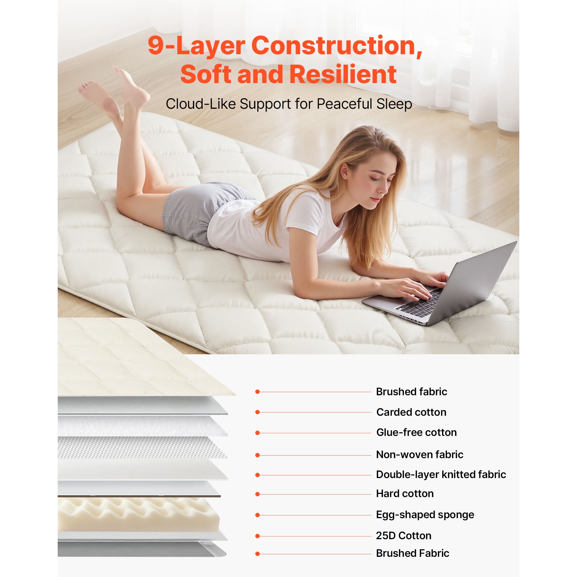 KFFKFF Japanese Tatami Mat, Twin Size Foldable Floor Mattress, Futon Mattress with Storage Bag & Fastener, 9-Layer Design for Sleeping, Dormitory, Meditation, Yoga, 80 x 39 x 2.5 in, White